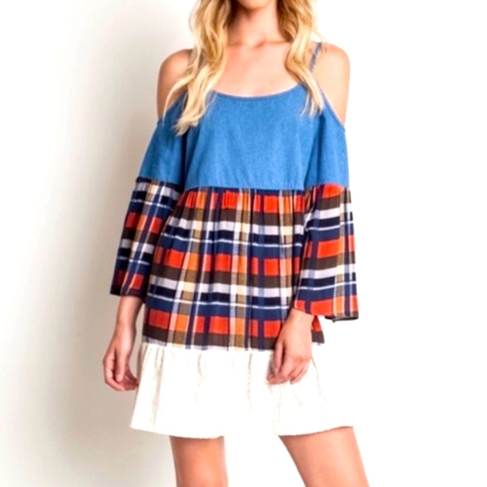 Umgee Cold Shoulder Chambray Plaid Dress Size Small. Style #130733.